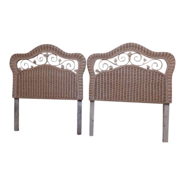 1980s Twin Size Headboard Wicker Metal Flowers Rattan Cottage Beach Coastal Boho Set 2 For Sale
