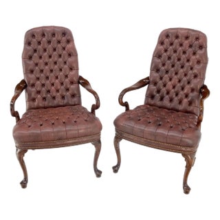 Pair Burgundy Leather Queen Anne Tufted Upholstery Walnut Armchairs MINT For Sale