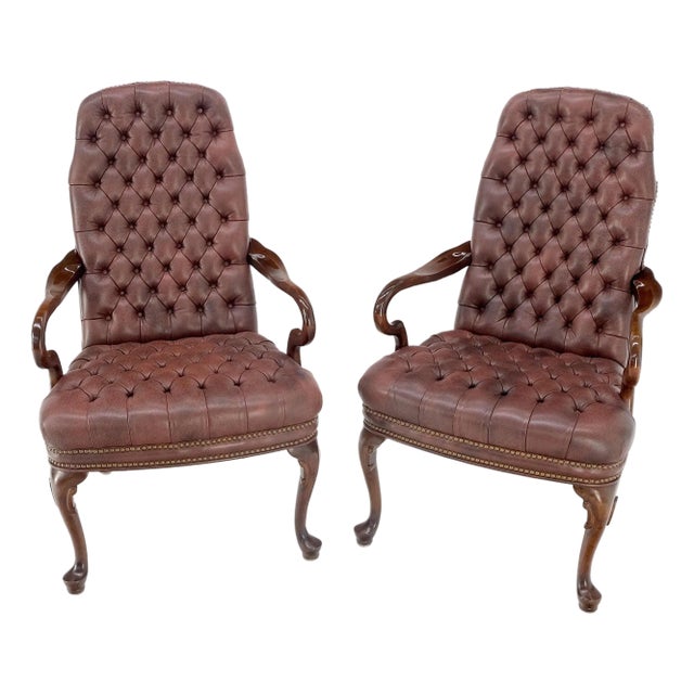 Pair Burgundy Leather Queen Anne Tufted Upholstery Walnut Armchairs MINT For Sale