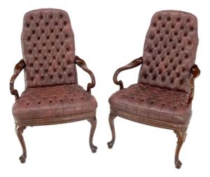 Pair Burgundy Leather Queen Anne Tufted Upholstery Walnut Armchairs MINT
