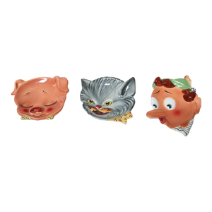 Set of Three Hand Painted Vintage Italian Ceramic Wall-Mounted Decorative Plates - Pinocchio, Cat and Pig