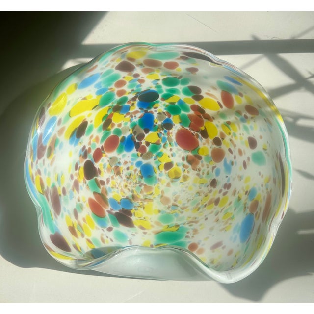 Rare and beautiful, vintage Murano hand-blown opaline white colorful splashes Italian art glass bowl. Designed by Dino...