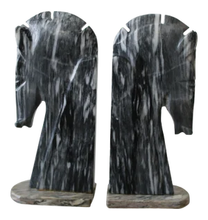 Mid-Century Italian Black White Marble Horse Head Decorative Bookends-A Pair