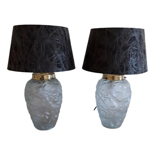 Vintage Linen Table Lamps with Press Glass Bodies, 1970s, Set of 2 For Sale