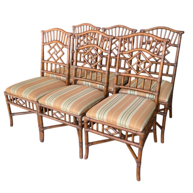Tommy Bahama Fretwork Rattan Dining Chairs by Lexington – Set of 6 | Naples Style, Palm Beach Regency For Sale - Image 4 of 12