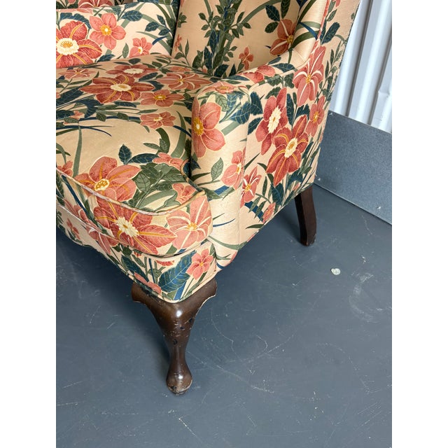 Textile 1970s Palm Beach Style Floral Upholstered Wingback Ethan Allen Chairs - A Pair For Sale - Image 7 of 12