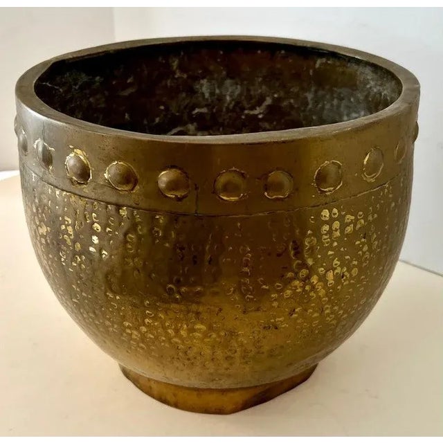 Solid Hammered Brass Cachepot Jardiniere Planter with Rim Details For Sale - Image 9 of 10