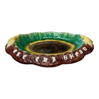 Vintage Majolica Style Bread Plate / Dish - "Bread Is the Staff of Life" / Wheat & Basketweave Motif For Sale