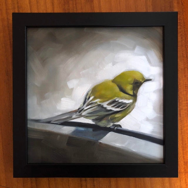 This oil painting captures a solitary bird perched on a slender branch, rendered in soft, muted tones of green and gray....