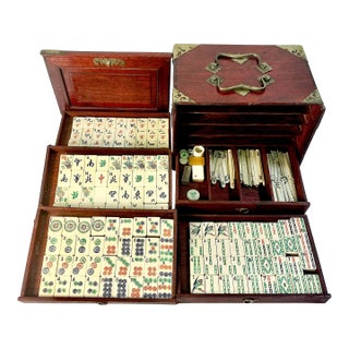 Antique Chinese Boho Chic Chinoiserie Mahjong Game Set, Rosewood & Brass Box. For Sale