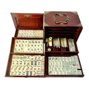 Late 19th C. Antique Chinese Boho Chic Chinoiserie Mahjong Game Set, Rosewood & Brass Box.