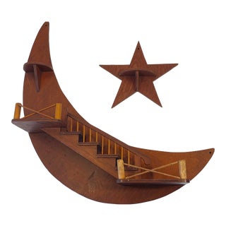 Vintage MCM Hand Made Crescent Moon Stair Step Wood Wall Shelf For Sale