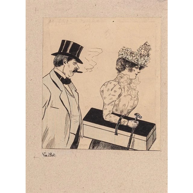 The Couple is an original drawing realized by Louis Vallet (1856-1940). Drawing in China ink and watercolor. Hand-signed...