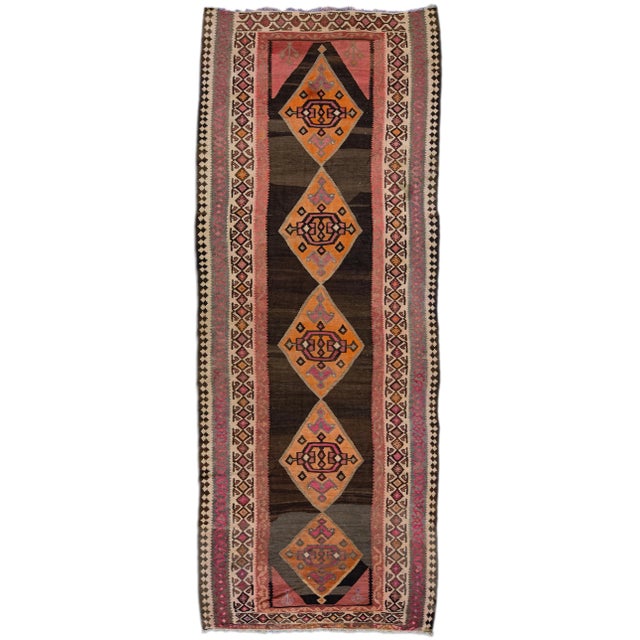 Brown Vintage Kilim Handmade Flatweave Tribal Motif Wool Runner For Sale - Image 10 of 10