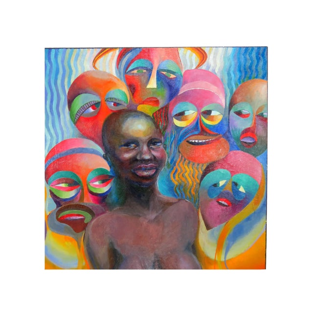 Early 1972 original oil painting on linen by noted artist Marek Kossiba titled "Masks". Stunning bright, vibrant colors,...