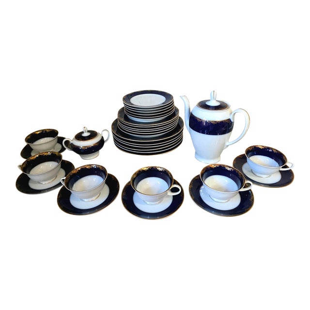 Vintage Rosenthal Cobalt Blue & Gold Porcelain Tea / Dinner Set - 6 Place Settings, Teapot, Lidded Sugar Bowl For Sale