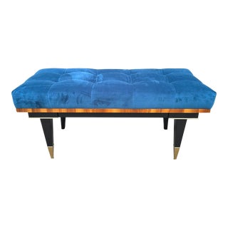 French Art Deco Blue Velvet Walnut Sitting Bench 1940s For Sale