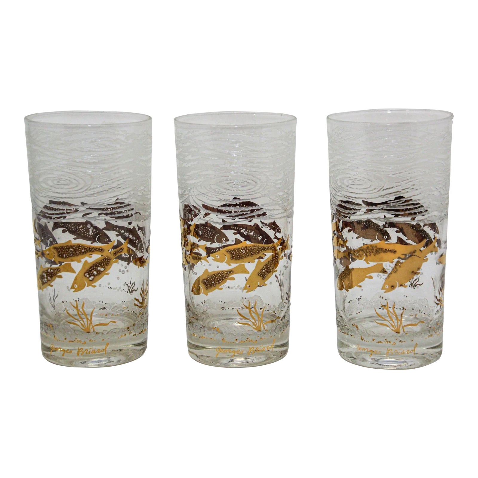 Georges Briard 22k Gold and White Glassware Barware Fish