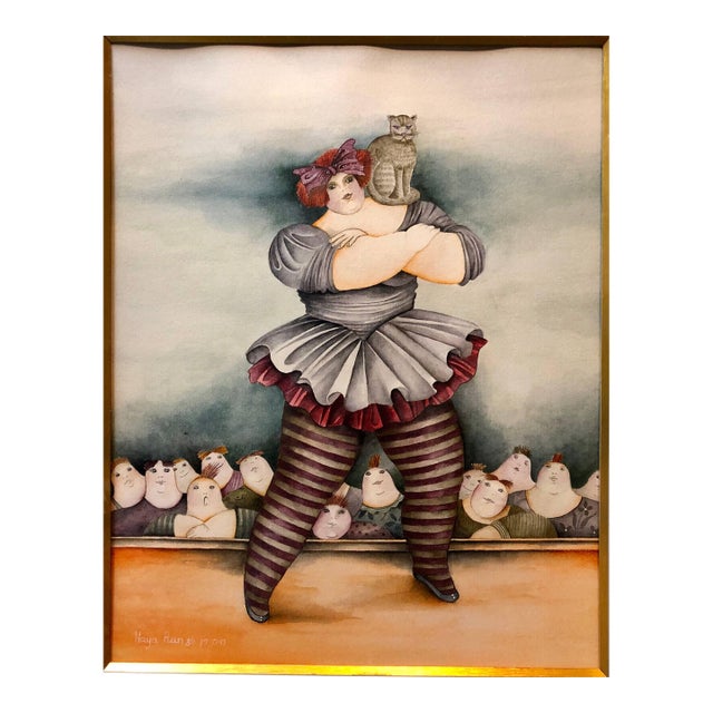 Haya Graetz Ran, Israeli Surrealist Painting Female Circus Performer Acrobat With Cat For Sale