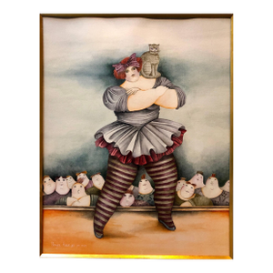 Haya Graetz Ran, Israeli Surrealist Painting Female Circus Performer Acrobat With Cat