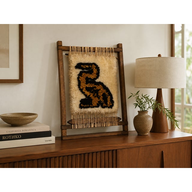 Vintage Mid-Century Woven Fiber Art Stylized Animal Motif Wall Hanging on Wood Frame For Sale - Image 12 of 12