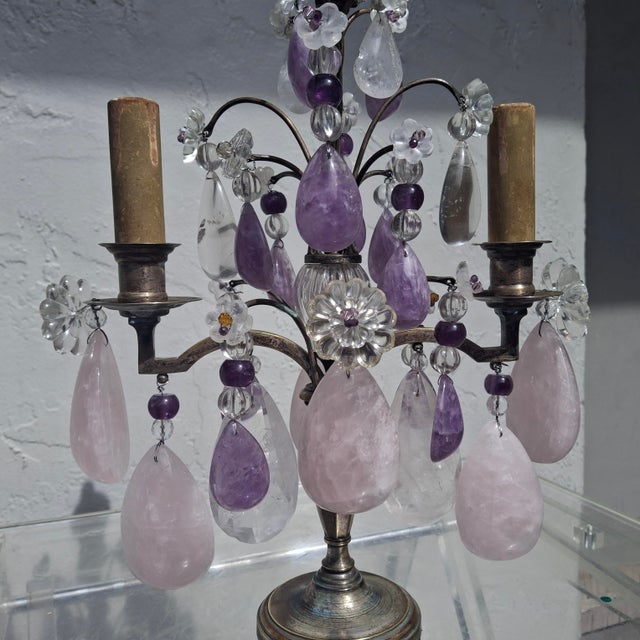 French 19th Century Opulent French Louis XV Huge Natural Rose Quartz, Amethyst and Clear Quartz Rock Crystal Girandole, Table Lamp For Sale - Image 3 of 18