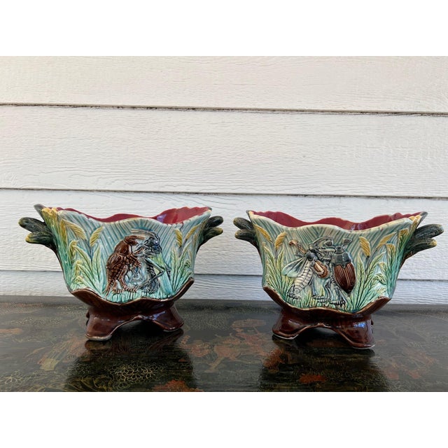 PAIR Antique French Majolica Jardinières Insect Musician Cache Pot Planter c1880. Direct from France, a rare and gorgeous...