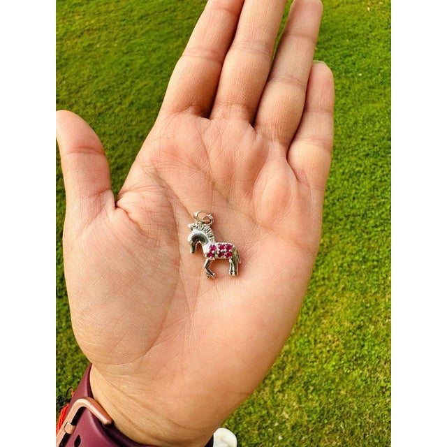 Vintage Style 925 Silver Horse Pendant With Ruby and Diamonds - Carat and her For Sale - Image 4 of 11