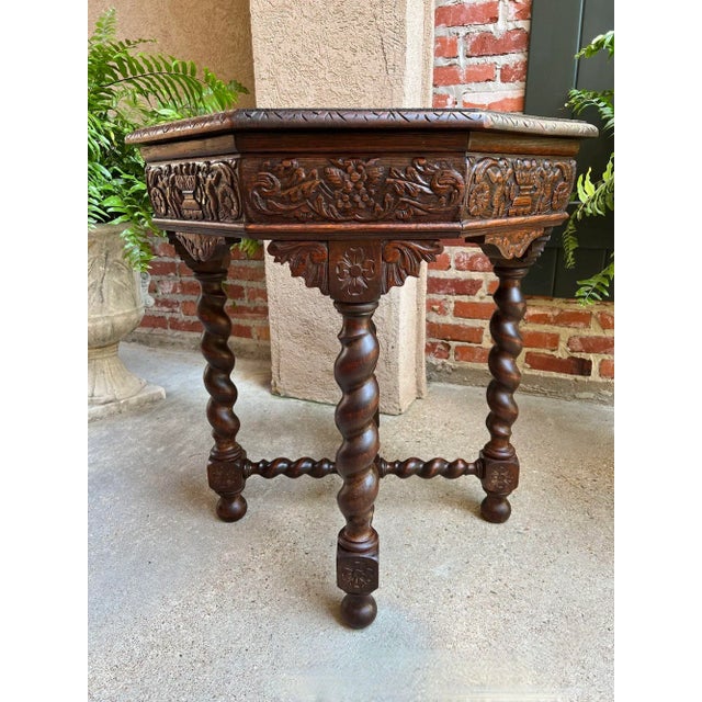 Antique French Octagon Sofa Table Carved Oak Barley Twist Louis XIII Renaissance For Sale - Image 4 of 12
