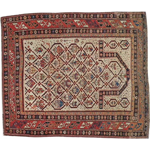 Distressed Antique Caucasian Rug - 3'8" x 4'3" For Sale