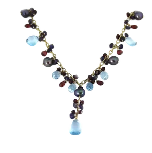 Multicolor Gems 14k Yellow Gold Lariat Beaded Necklace