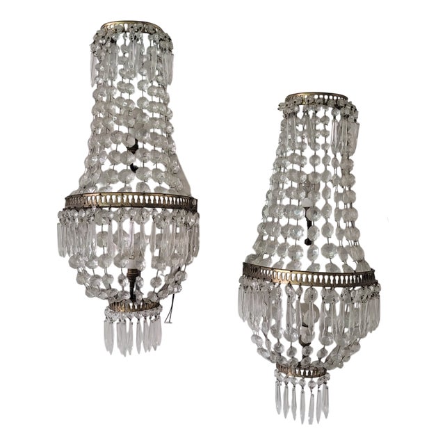 Brass Wall Lights with Louis XVI Glass Decorations, Set of 2 For Sale