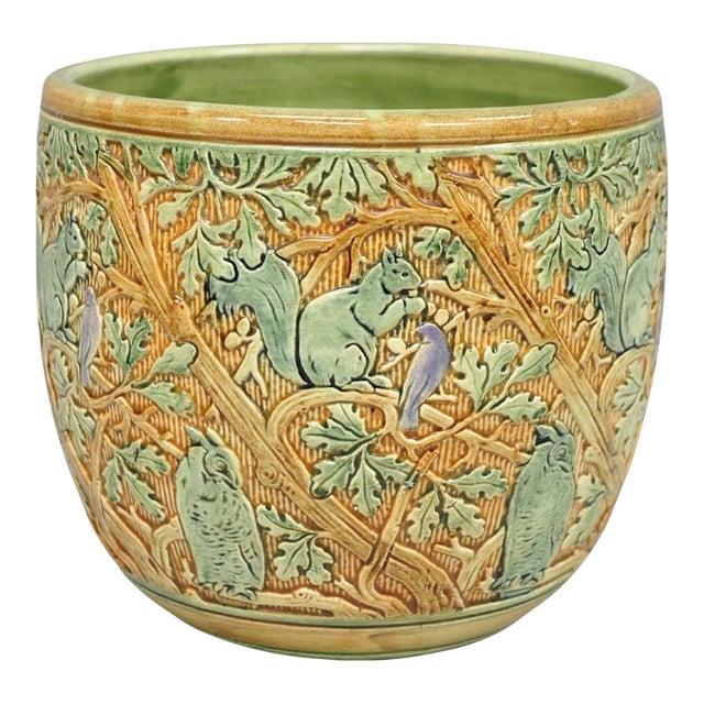 Early 20th Century Weller Clinton Art Pottery Green Glazed Squirrel & Acorn Planter Jardinière For Sale