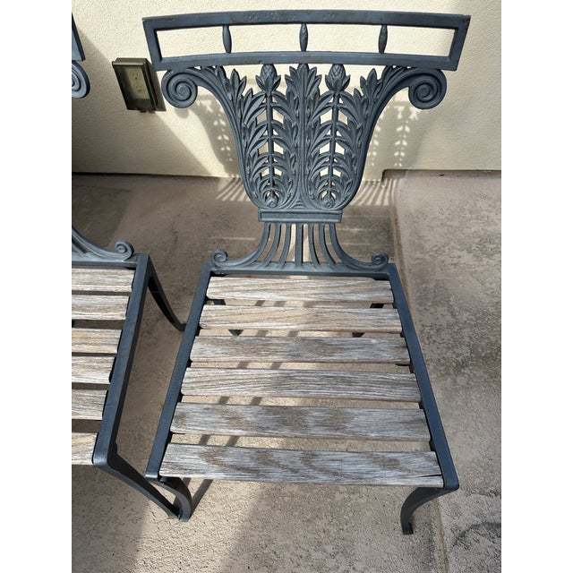 Metal 1930s Pair of Neoclassical Lyre Back Cast Iron Lyre Back With Weathered Wood Seats For Sale - Image 7 of 18