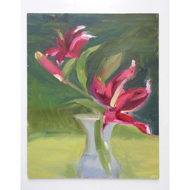 Vintage oil on artist board impressionist still life painting with bright red and pink flowers. Unsigned. Unframed.