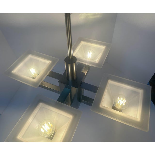 Early 21st Century 5-Light Postmodern Mission Style Chandelier in Brushed Nickel Finish For Sale - Image 9 of 10
