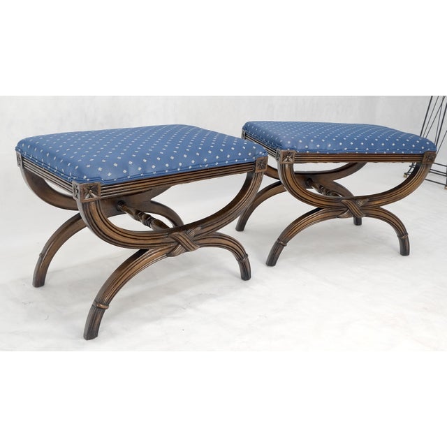 Wood Pair of Carved Regency Style Blue Upholstery Benches MINT For Sale - Image 7 of 10