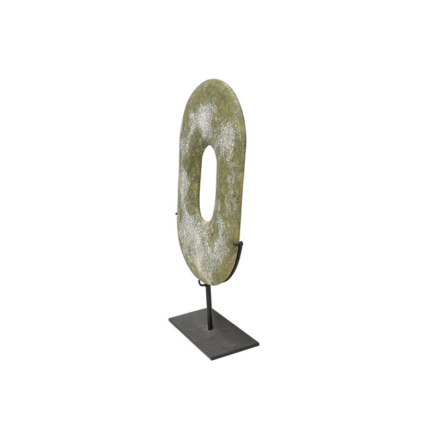 Abstract Green Stone Crafted Oval Fengshui Harmony Plaque on Stand Display For Sale - Image 3 of 5