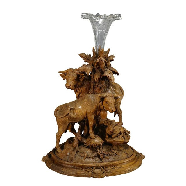 1890 Group of Carved Cattles With Glass Vase Inset, Brienz For Sale - Image 12 of 12