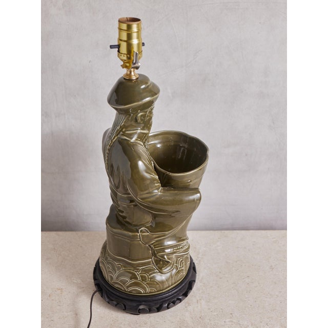 1970s 1970s Chinese Confucius Green Ceramic Lamp For Sale - Image 5 of 15