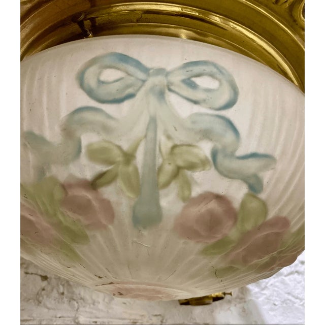 Glass Antique French Style Hand Painted Floral Glass 4 Arm Pendant Light Chandelier For Sale - Image 7 of 11