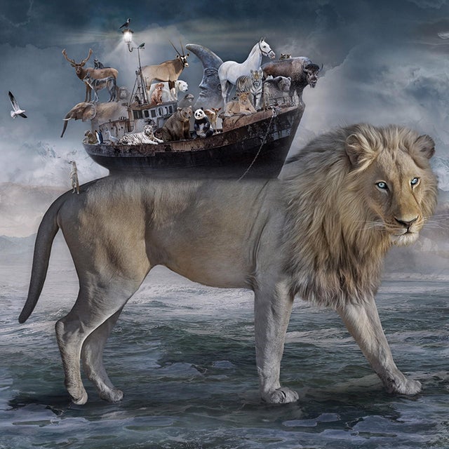 This photograph presents a surreal scene where a majestic lion, embodying strength and grace, strides through a turbulent...