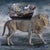 This photograph presents a surreal scene where a majestic lion, embodying strength and grace, strides through a turbulent...