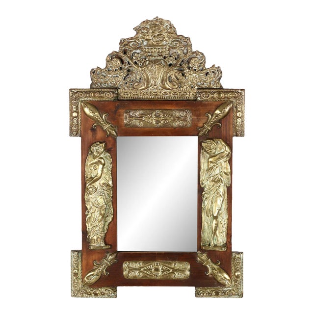 1800s Antique Continental Repousse Brass Mount Pine Mirror For Sale