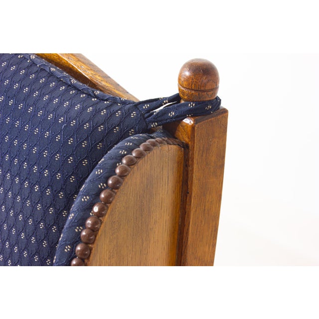 Wood French Lounge Chair in Oak and Blue Fabric, 1960s For Sale - Image 7 of 8