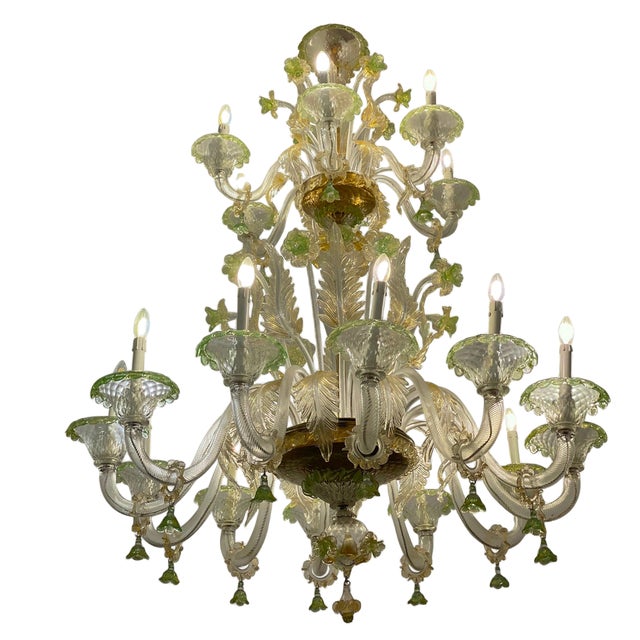 Green and Gold Murano Glass Chandelier, 1990s For Sale