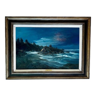 Bennett Bradbury "Moonrise Depoe Bay" Large Coastal Seascape Oil Painting For Sale