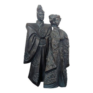 Tomoe & Hime Japanese Couple Sculpture – Dark Finish, Intricate Detailing For Sale