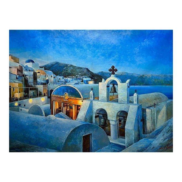 Vintage Large Scale Original Oil on Canvas Portraying a Mediteranean Village Scene Signed Mike Taylor For Sale