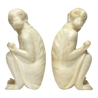 Late 20th Century Pair Vintage Italian Alabaster Sculptures of Seated Macaques Monkeys For Sale